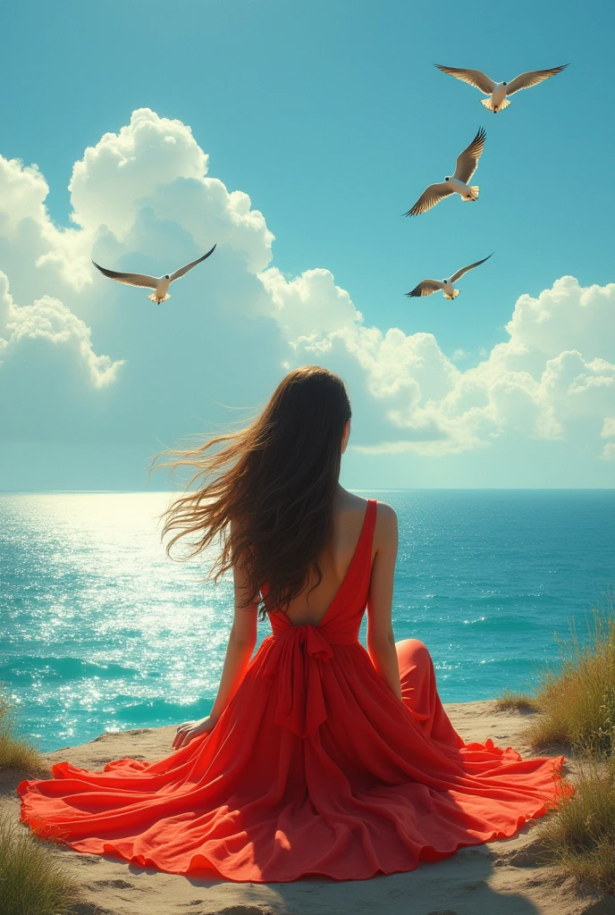 A woman sitting in front of the sea in a beautiful red dress Her hair is down, looking at the sea and the birds in the sky, and the sunlight appears on her as if it were hope without any resemblance or clear features 