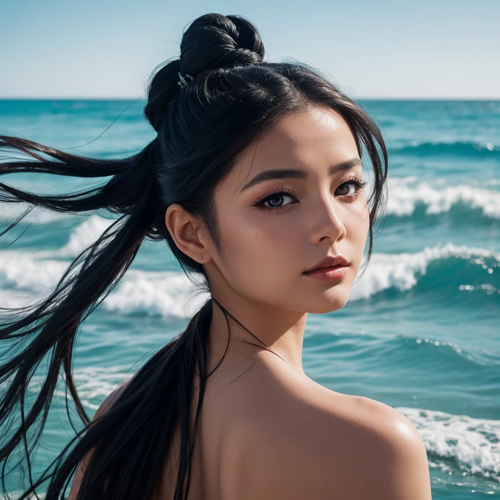 Artistic photography, a beautiful woman with long Black hair tied up, ocean painting on her face, white background, close_up