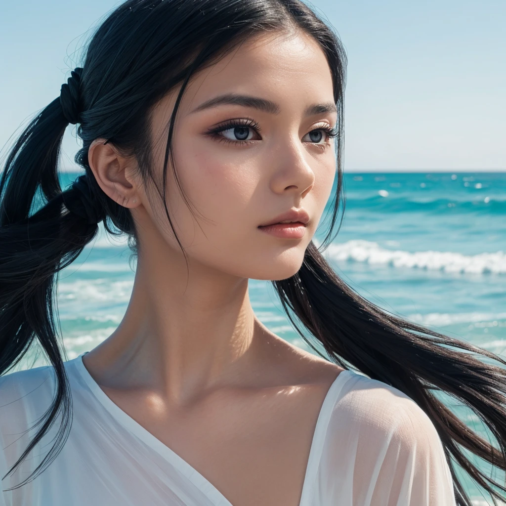 Artistic photography, a beautiful woman with long Black hair tied up, ocean painting on her face, white background, close_up