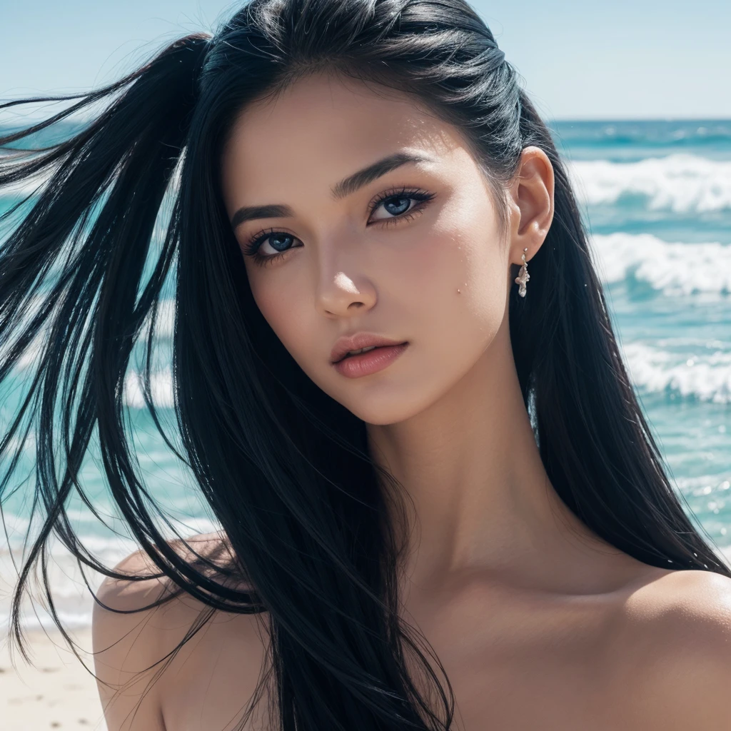 Artistic photography, a beautiful woman with long Black hair tied up, ocean painting on her face, white background, close_up