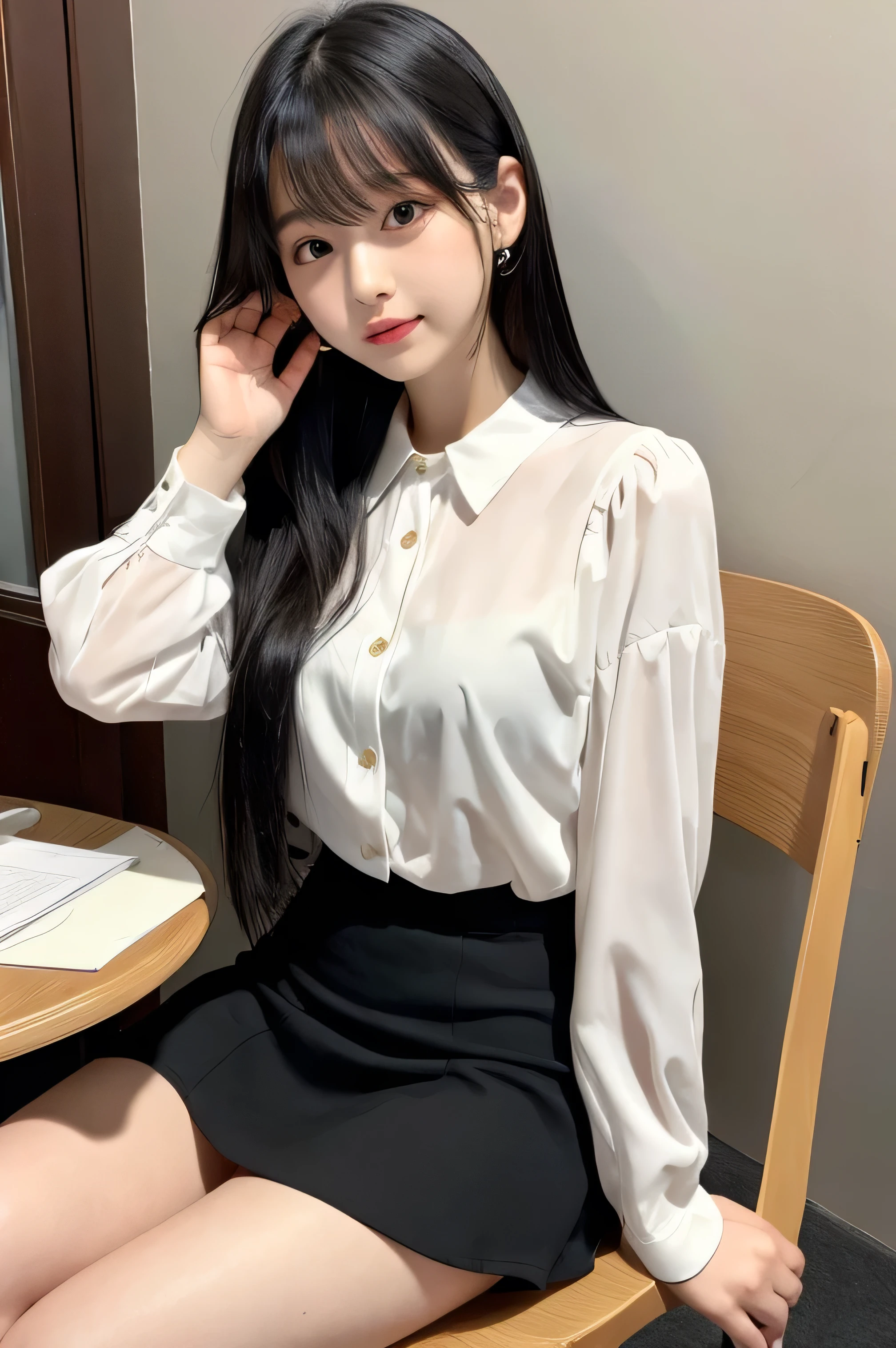 OL、Sit on a chair、mini skirt、Long black hair、White blouse