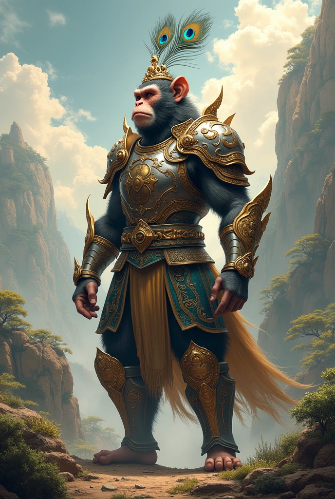 Monkey king with armor chinese general With 2 long peacock feathers on its head