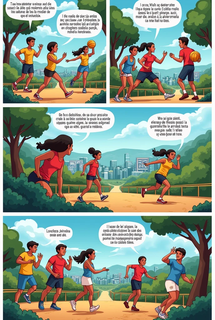 CREATE A COMIC ABOUT THE IMPORTANCE OF PHYSICAL ACTIVITY IN OUR LIVES WITH DIALOGUES AND WRITINGS IN SPANISH PLEASE
