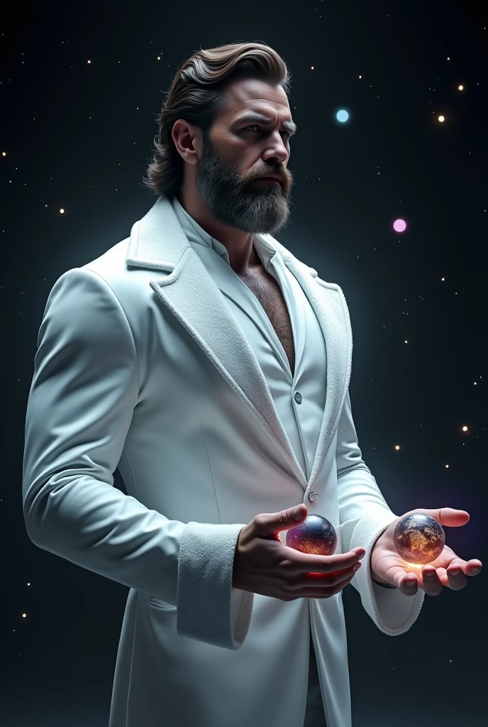 A cinematic medium shot of Henry Cavill with medium hair and beard as Pre-retcon Beyonder in the MCU. He is floating in black space with some stars far away and is facing towards to us while we can only see his side face where he gives a villainous laugh with a villainous facial expression. He has a non-muscular build and for his outfit The Beyonder wears tight white suit with a thunder neck cutting coat made of a white material that seems to shimmer and shift like the fabric of space itself. The robes are primarily deep white, with hints of starry constellations scattered across them. The edges of the robes glow faintly with a black or purple energy, as if the fabric is charged with cosmic power and around the Beyonder, several small, glowing orbs float in the air, constantly in motion These represent the Beyonder’s control over the fundamental forces of the universe and give a sense of their boundless power and the Beyonder's eyes glow with a piercing white light, and their entire form is surrounded by a faint, shimmering aura that pulses with energy. The aura occasionally crackles with energy, hinting at the raw power within.He wears no cape.Make Henry Cavill look more angry and psychotic and realistic. He is soaring over the earth since he is very large and having two planets in the palm of his hands.