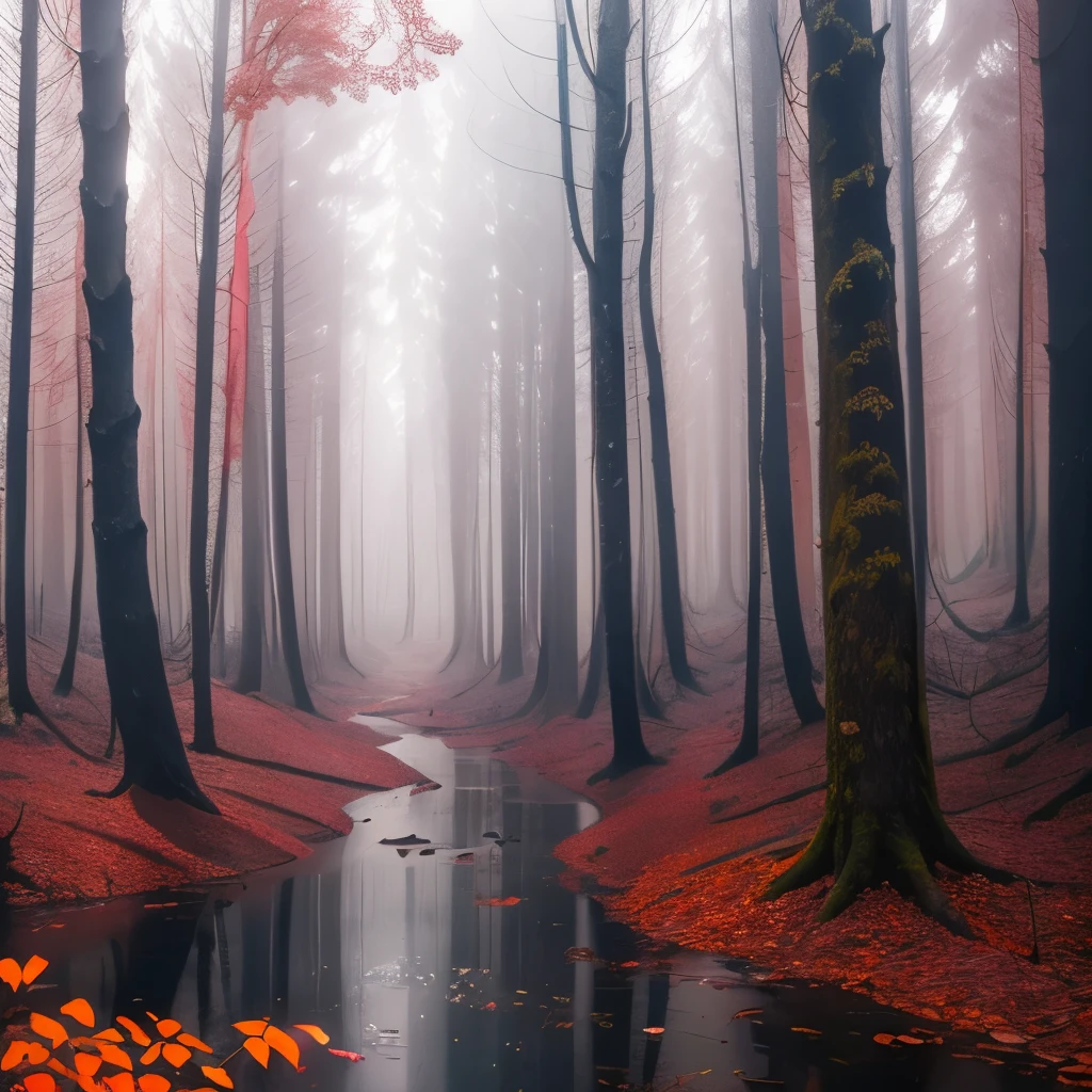 trees with red leaves in a forest with a stream of water, red forest, red fog on the ground, german forest, beautiful misty wood, red trees, really beautiful forest, in a snowy forest setting, vibrant but dreary red, snowing in the forest, forest colors, beautiful forest, beautiful forests and trees, red - toned mist, by Wolfgang Zelmer