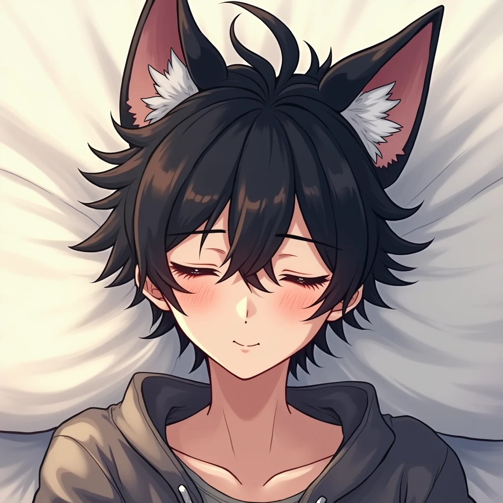 high quality, Very detailed, High detail, 最high quality, masterpiece, Wolf Ears, Black Hair, Sleepy, Character design drawings, Anime Style, male