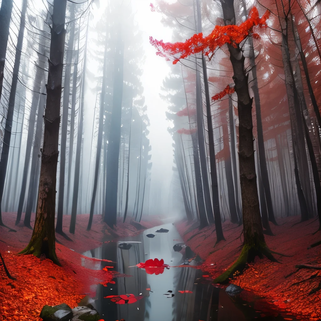 trees with red leaves in a forest with a stream of water, red forest, red fog on the ground, german forest, beautiful misty wood, red trees, really beautiful forest, in a snowy forest setting, vibrant but dreary red, snowing in the forest, forest colors, beautiful forest, beautiful forests and trees, red - toned mist, by Wolfgang Zelmer