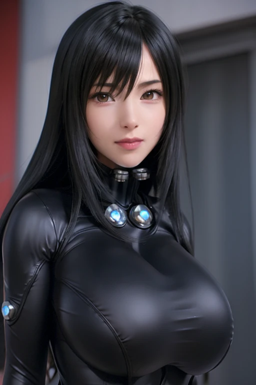 reika\(bodysuit\), masterpiece, (best quality:1.2), ultra-detailed, 1girl, solo, black eyes, black hair, looking at viewer, (huge breasts:1.2), (upper body:1.2), (breast close up:0.9) (smile:0.8), (skin-tight clothing:1.1), (frame the face:1.4), (anime:1.4), (cute face:1.2), (from side:0.7), erect nipples, natural lips, 
