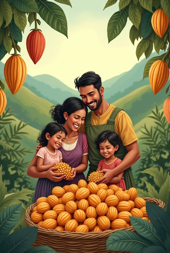 peasant family with cocoa fruits and happy, tender drawing
