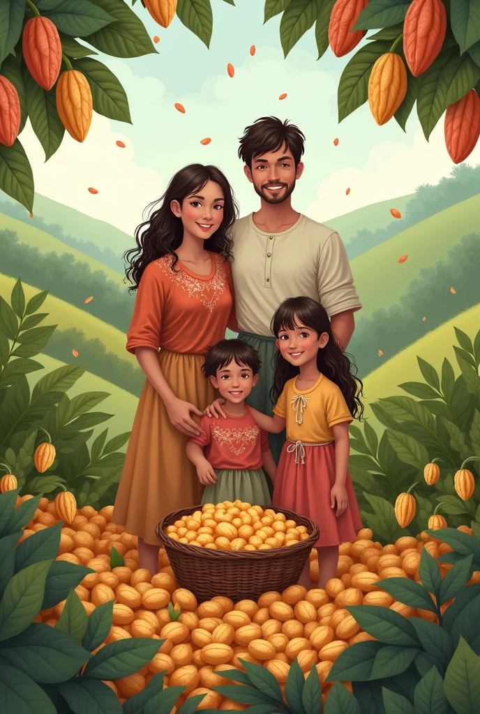 peasant family with cocoa fruits and happy, tender drawing