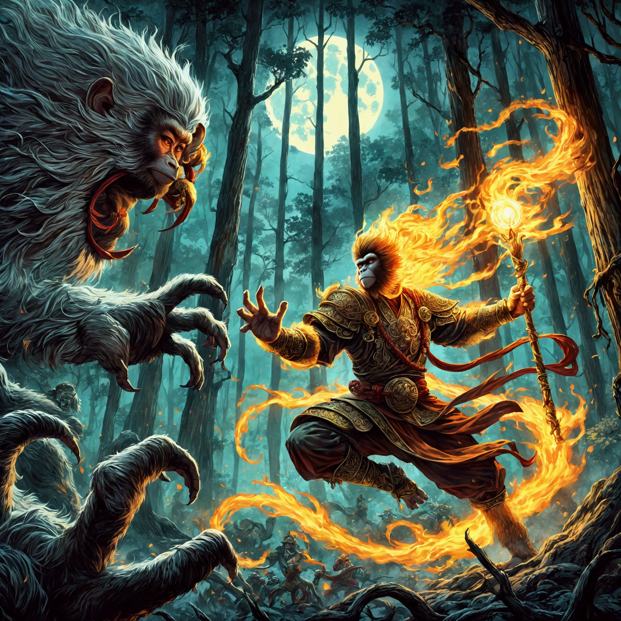 Create an illustration of the Monkey King Chinese fable tale, with his golden staff on fire fighting a monster in a dark forest under a full moon High resolution, detail, blurry foreground,
