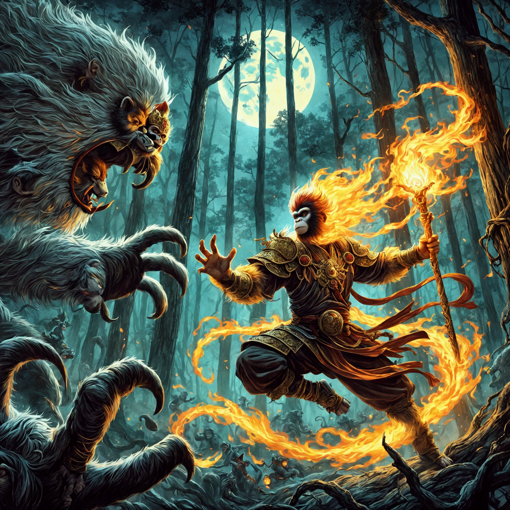 Create an illustration of the Monkey King Chinese fable tale, with his golden staff on fire fighting a monster in a dark forest under a full moon High resolution, detail, blurry foreground,