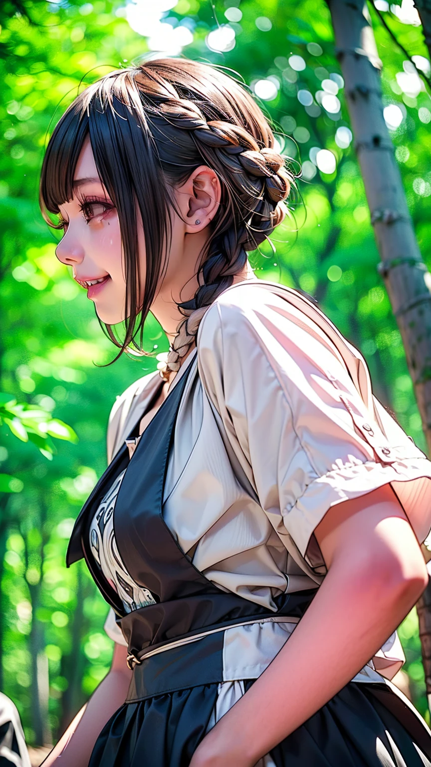 Realistic, masterpiece, Highest quality, Highest Resolution, High Detail, Soft Light, Professional Lighting, Backlight, Film Grain, The background is blurred, (Japanese high school girl, Height: 162cm, Small Tits), (The subject is a photograph of the upper body taken from below, profile:1.3), Walking, Laughing happily, Open your mouth, Beautiful and detailed eye drawing, Droopy eyes, Dark Eyes, Draw eyelashes carefully, Eyelash extensions, Gal Makeup, Orange Cheek,  (White brown braids,Short Hair, middle part:1.3), (Hidden eyelid wrinkles:1.3), (Cool clothing:1.3), (Summer forest, Under the sun through the trees:1.3)