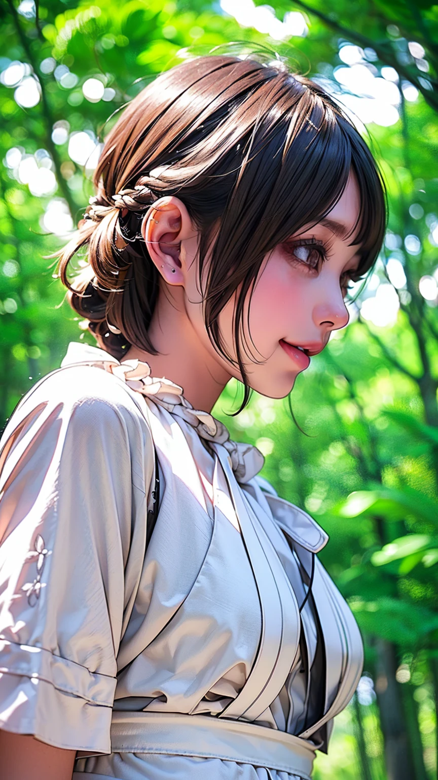 Realistic, masterpiece, Highest quality, Highest Resolution, High Detail, Soft Light, Professional Lighting, Backlight, Film Grain, The background is blurred, (Japanese high school girl, Height: 162cm, Small Tits), (The subject is a photograph of the upper body taken from below, profile:1.3), Walking, Laughing happily, Open your mouth, Beautiful and detailed eye drawing, Droopy eyes, Dark Eyes, Draw eyelashes carefully, Eyelash extensions, Gal Makeup, Orange Cheek,  (White brown braids,Short Hair, middle part:1.3), (Hidden eyelid wrinkles:1.3), (Cool clothing:1.3), (Summer forest, Under the sun through the trees:1.3)