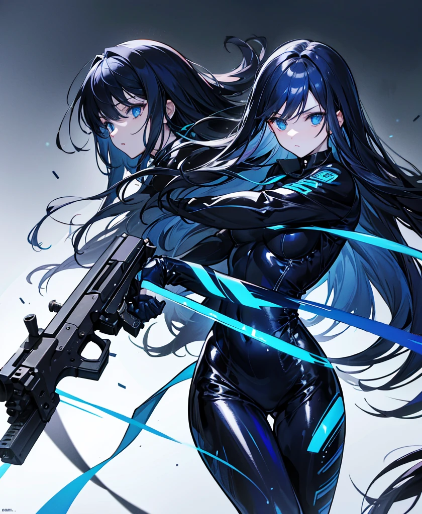 There is no background,,Carry a firearm,Patent leather tight suit,Use of firearms,Navy blue long hair,attention arousal,Blue colored eyes,No gradients