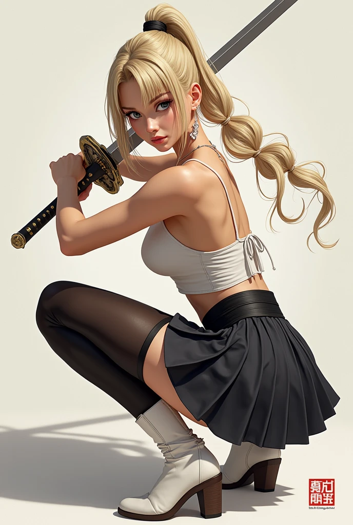 masterpiece, best quality, Super rendering, Super realistic, High detail face, Clean and delicate face, whole body, Crouch and swing the sword, Hold the sword correctly, Single Braid Blonde Ponytail, partedbangs, forehead, Wearing a camisole and pleated mini skirt, Bare butt, Open your legs, sleeveless, Black pantyhose, White booties, Glaring at the audience, Simple color background