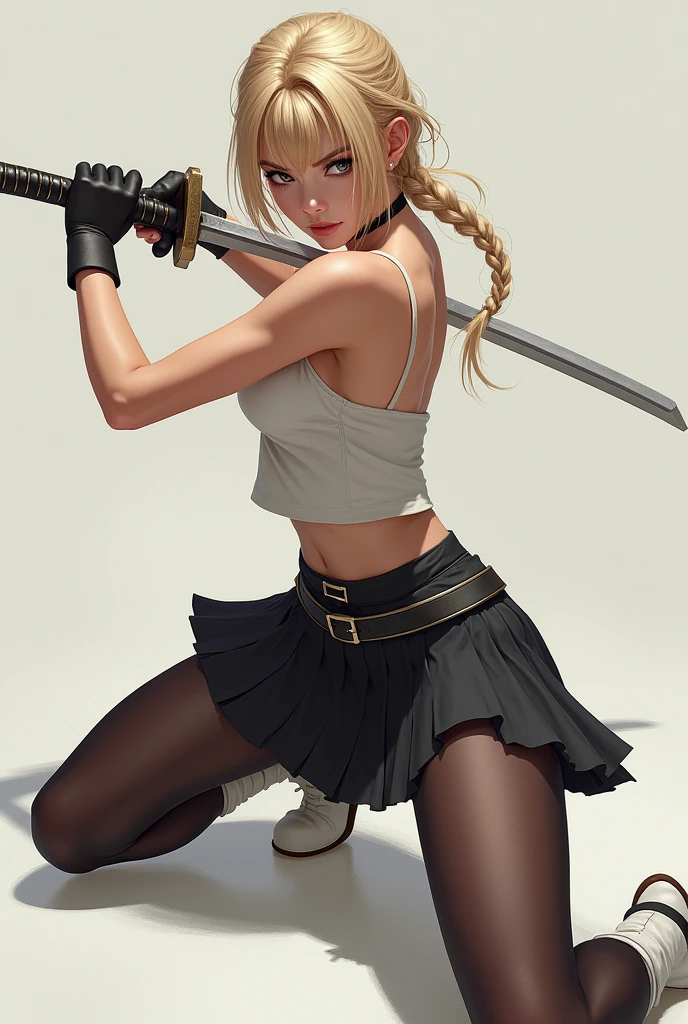 masterpiece, best quality, Super rendering, Super realistic, High detail face, Clean and delicate face, whole body, Crouch and swing the sword, Hold the sword correctly, Single Braid Blonde Ponytail, partedbangs, forehead, Wearing a camisole and pleated mini skirt, Bare butt, Open your legs, sleeveless, Black pantyhose, White booties, Glaring at the audience, Simple color background