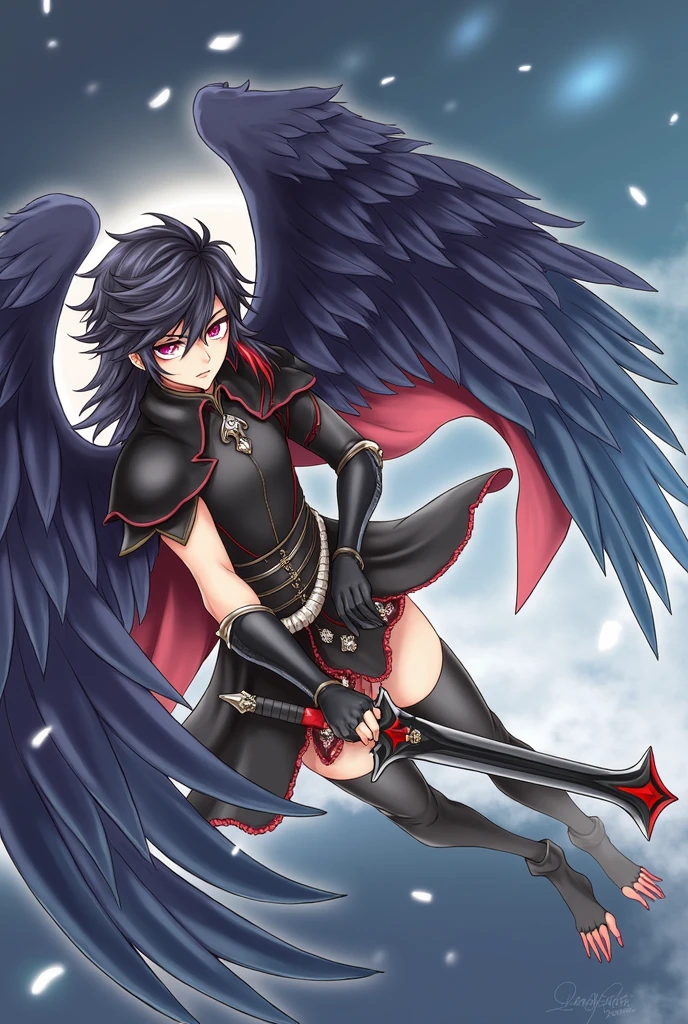 azazel: Fallen angel with human appearance, gender man, intense red eyes, long black hair with a touch of silver, black wings with soft feathers, Dark armor with red details and black sword with blood red edge.