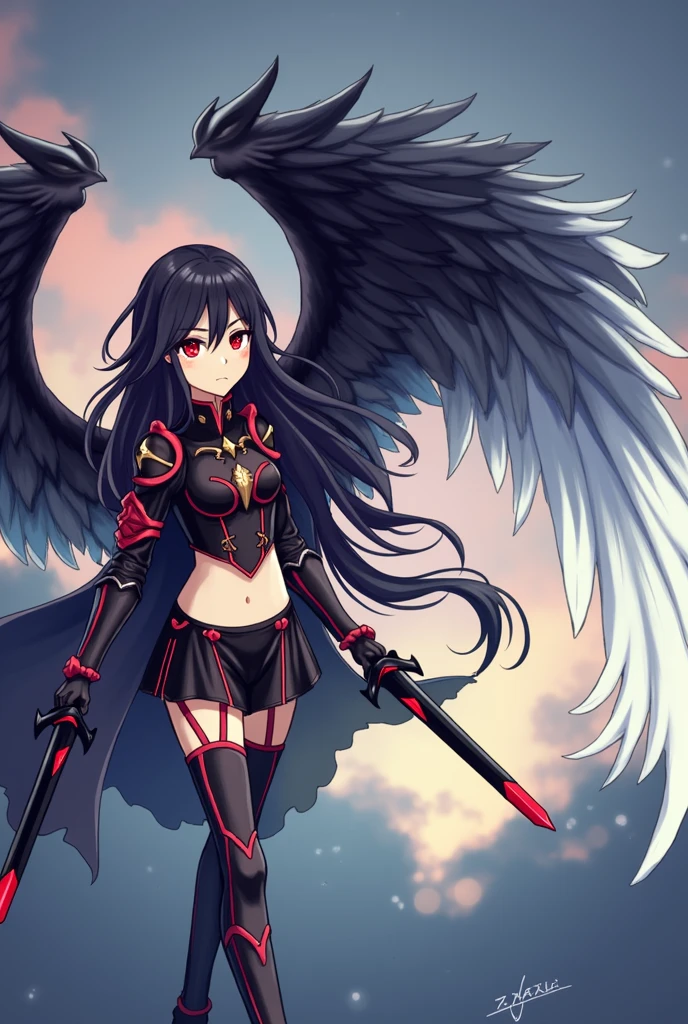 azazel: Fallen angel with human appearance, gender man, intense red eyes, long black hair with a touch of silver, black wings with soft feathers, Dark armor with red details and black sword with blood red edge.