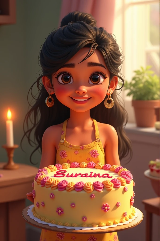A girl's name is Sunaina and she is carrying a birthday cake with her name on it.
