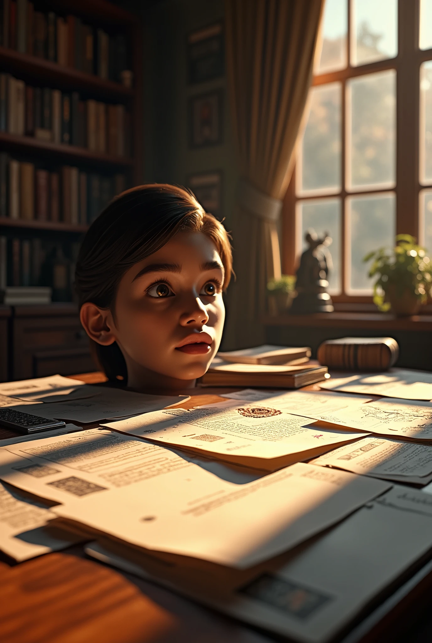 A detailed administrative legal concept art, highly detailed face and eyes, detailed administrative paperwork, vintage wooden desk, sunlight streaming through window, bookshelf, legal books, professional, photorealistic, 8k, masterpiece, dramatic lighting