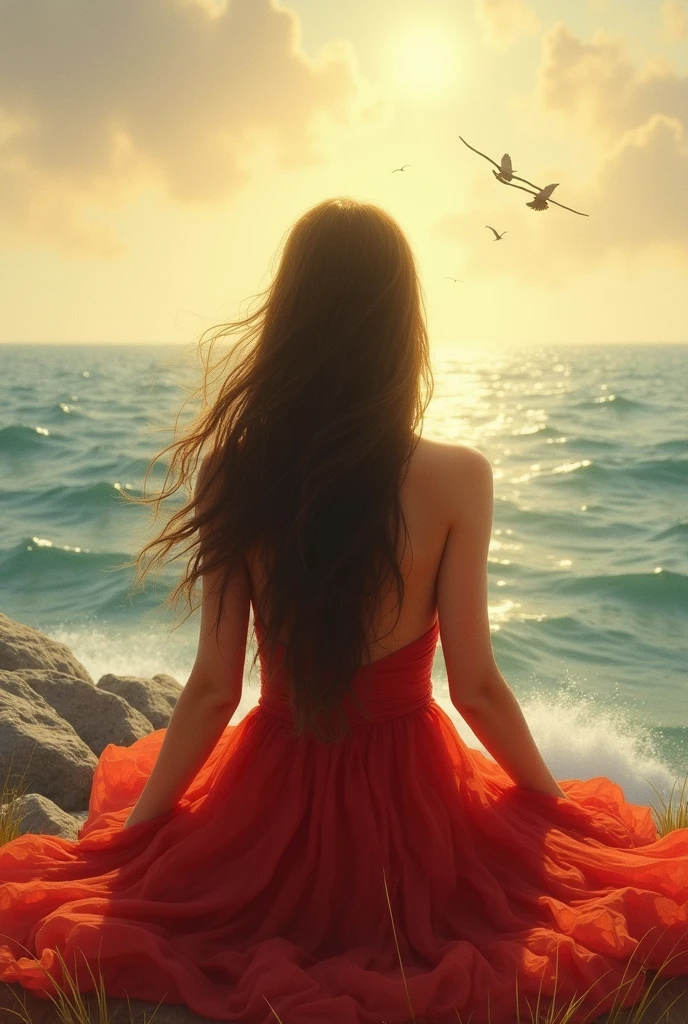 A woman sitting in front of the sea in a beautiful red dress Her hair is down, looking at the sea and the birds so far in the sky, and the sunlight appears on her as if it were hope without any resemblance or clear features