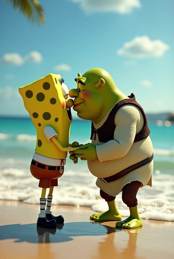 Spongebob and Shrek kissing on the beach