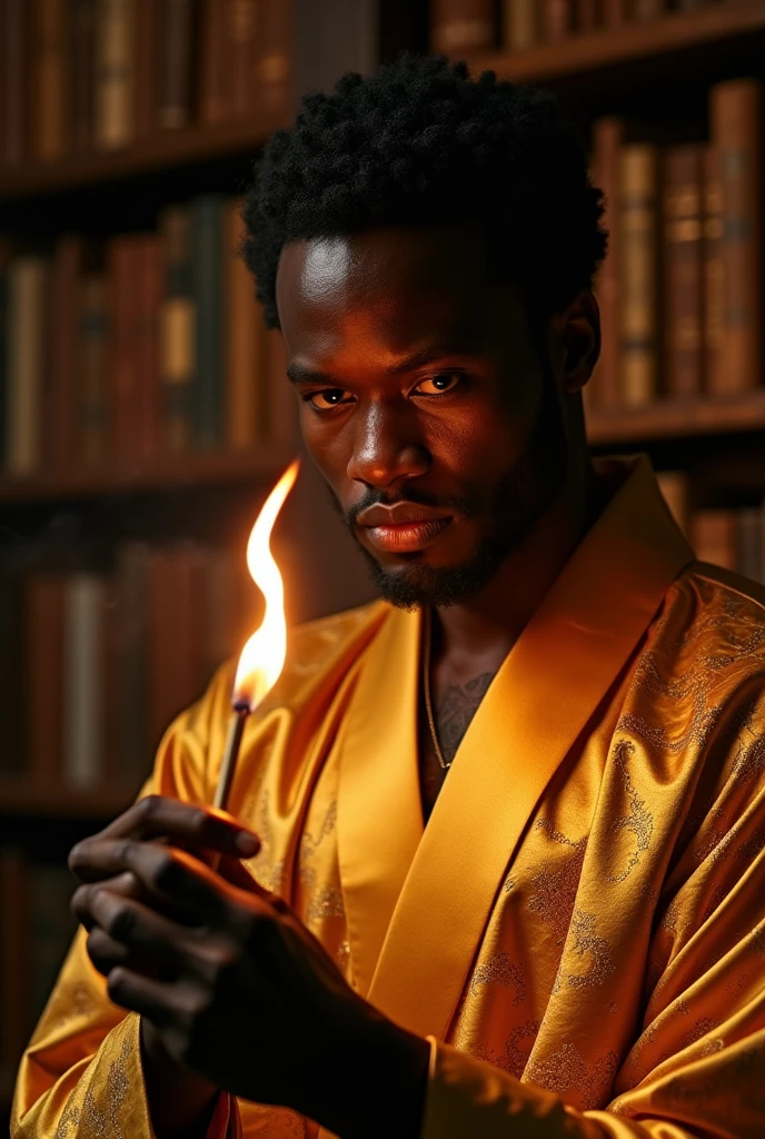 A black man in a gold kimono plays with a burning match in an ultra-realistic photo library