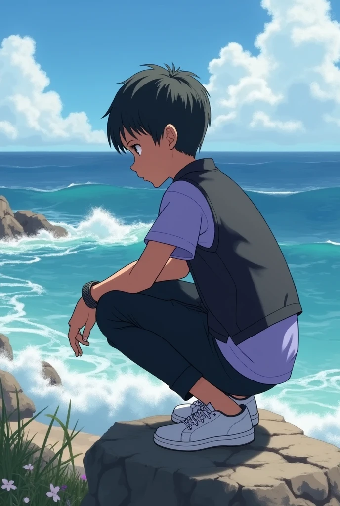 A real 1 boy is crouching on a rock formation by the ocean. She was seeing to camera a light purple t-shirt, a black vest, black pants, and white sneakers. and short dark hair. He is wearing a watch on his left wrist. The ocean is blue and there are waves crashing on the shore.