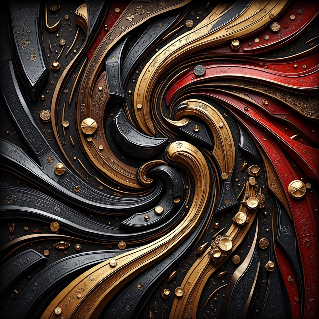 An abstract representation made of geometrical patterns and curved lines.((conflict, aggressive,anger,antagonist)),((black, red, golden brass)),((deep wiew)),photographic,ultra high resolution,hyperdetailed, masterpiece, 3d modelling, digital art, abstract art.