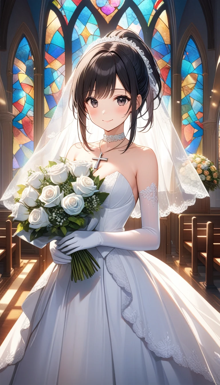 1girl, solo, breasts, looking at viewer, blush, smile, bangs, black hair, gloves, dress, holding, cleavage, bare shoulders, jewelry, medium breasts, closed mouth, standing, collarbone, ponytail, flower, sidelocks, choker, elbow gloves, indoors, white gloves, necklace, white dress, black eyes, strapless, rose, cross, white flower, veil, strapless dress, bouquet, wedding dress, bridal veil, cross necklace, white choker, white rose, holding bouquet, bride, stained glass, church, ((32k)), ((best quality)), ((ultra high res)), ((HDR)), ((UHD)), ((extremely detailed CG)), ((unity 32k wallpaper)), 