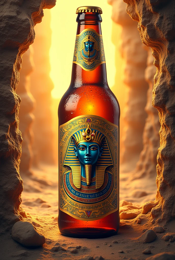 A flyer for a beer brand with an Egyptian design already placed on a bottle 
