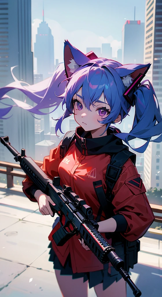 1girl, fox girl, fox ears, face painting red, Hatsune Miku, tactical clothes, assault rifle, holding weapon, city, high house, outdoors, best quality, 4k, 8k, purple eyes,