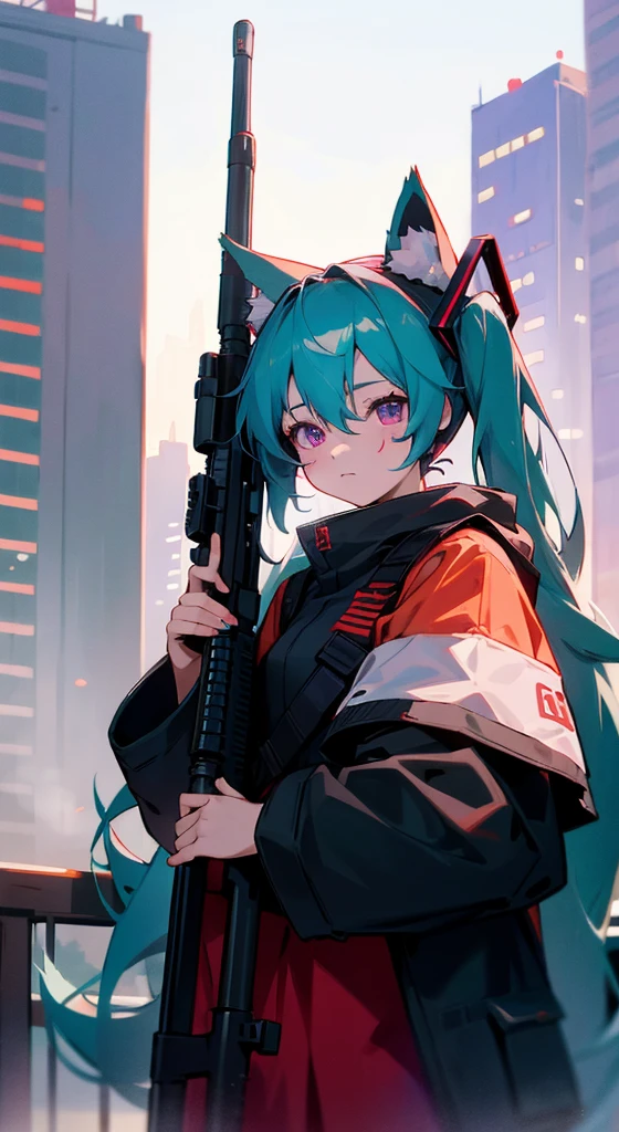 1girl, fox girl, fox ears, face painting red, Hatsune Miku,  tactical clothes, assault rifle, holding weapon, city, high house, outdoors, best quality, 4k, 8k, purple eyes, 