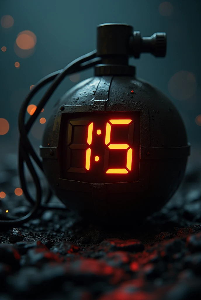 A close-up of a digital clock on a bomb counting down from 5 seconds. The numbers tick down slowly, heightening the tension. The background is dark, and the ticking sound is prominent, creating a sense of impending doom."