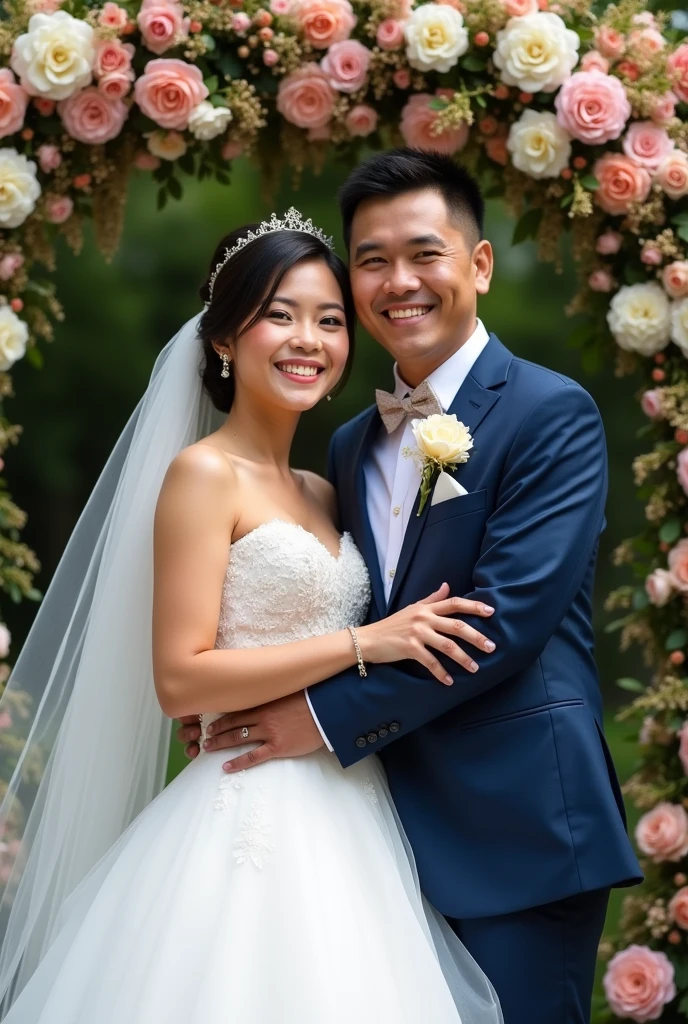 Real pinoy couple wearing wedding standing say cheese with arounding flowers