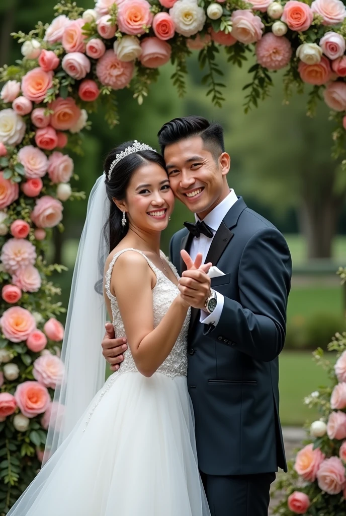 Real pinoy couple wearing wedding standing say cheese with arounding flowers 