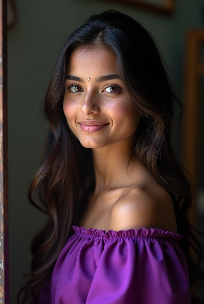 Cute white teenage girl from Kerala takes a selfie in a purple dress