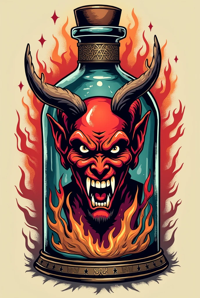 neo traditional tattoo design devil trapped in the bottle