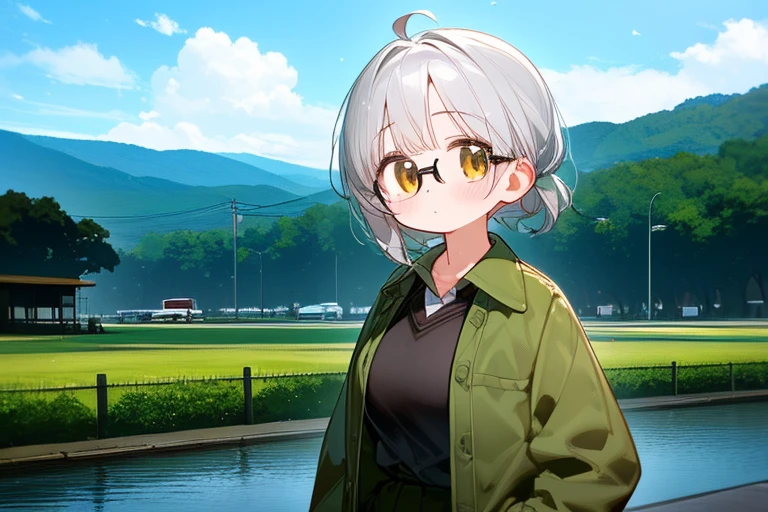 (highest quality，masterpiece:1.3)，((1 cute girl:1.2))，(:1.2),expressive 目s, Perfect Face，Brown eyes，dark green beret,White hair,long ahoge,Round Glasses Black，retro city background,Brown tie,brown skirt,Dark green jacket,Low Perspective，Wet shirt，amount, open amount