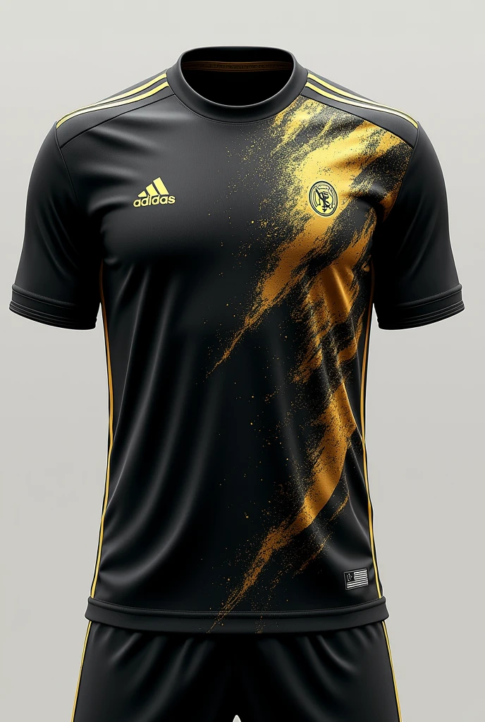 A black soccer jersey with designs and gold on the back and another more special design on the front but not so special that it has several things on the front and back like splash paint on the back, not on the sides, so that it has a few stripes.