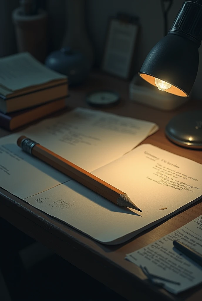 Show a pencil lying on a desk being sad