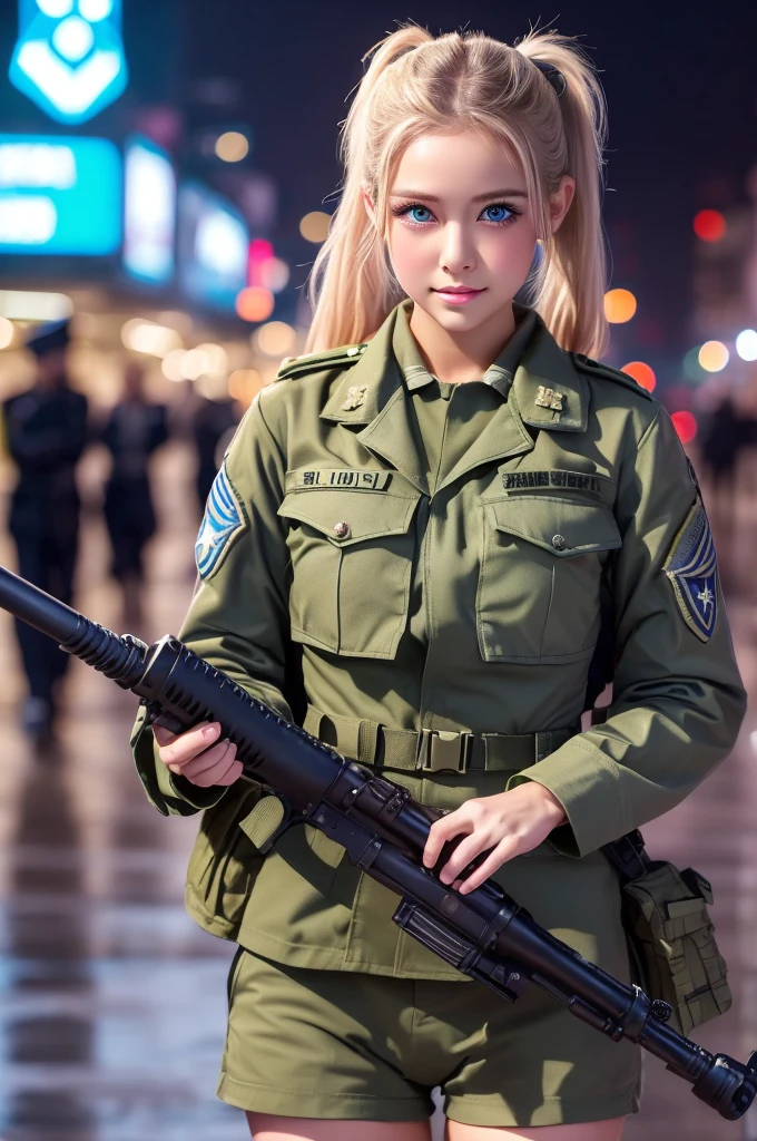 ((Highest quality)), ((masterpiece)), (detailed), high ponytail, ((Blonde)), Beautiful girl, Cute Eyes, Green eyes, False eyelashes, (((Watery eye))), (Blushed:1.3), white skin, (soldier uniform:1.4), ((bulge)), RPG-7, outside, raining, crowded city, fog, evening, neon sign,
