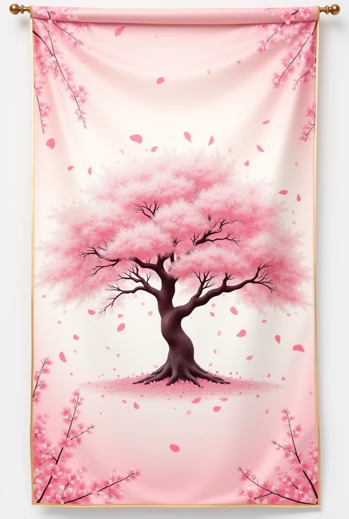 Imagine a rectangular flag with a soft light pink background. In the center, there's a large cherry blossom tree in bloom, with details in white and pink to add depth. Cherry blossom petals are scattered around the tree, some falling and others in motion, creating a dynamic effect. The petals vary in color from pale pink to deeper pink. The flag may have a thin outline in gold or silver to add an elegant touch.