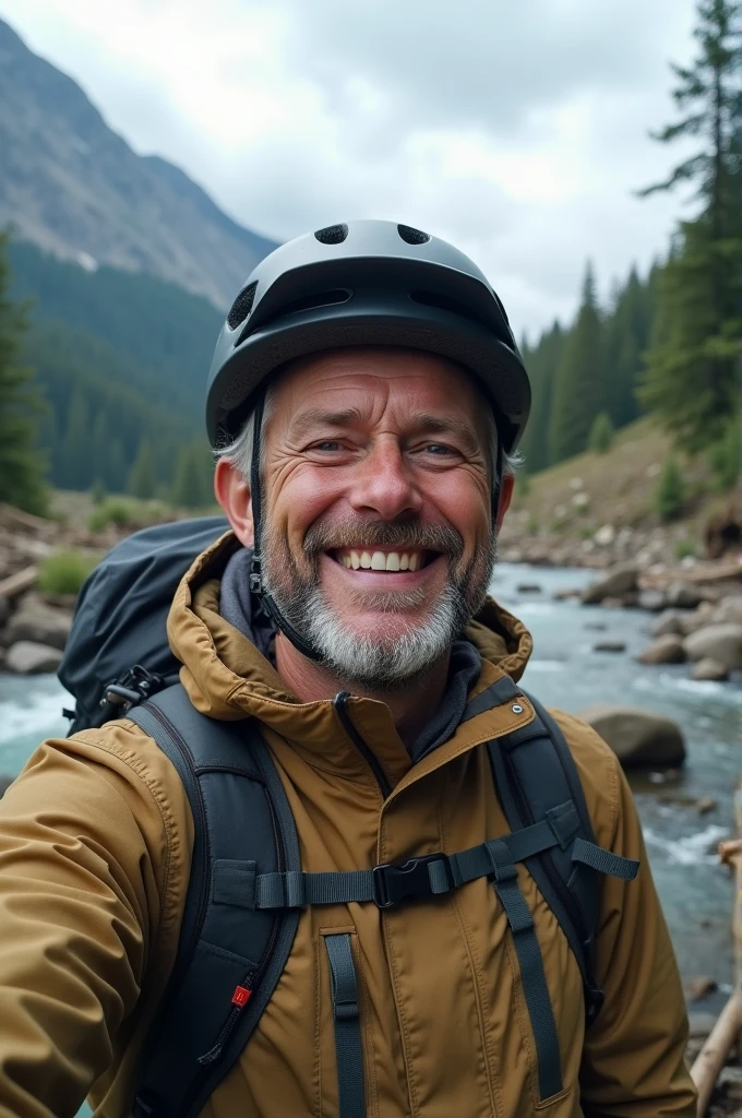 fot, adult man photo, 3, Selfie, trunk, standing alone, wearing trail clothing, plein-air, (giorno), mountainscape, real life nature, clouds, floor, happy, glad, helmet, duffel bag, forst, stones, Riu, Wood, smoke, fog, looking ahead at viewer, texture skin, photo grain, close up, CRU photo