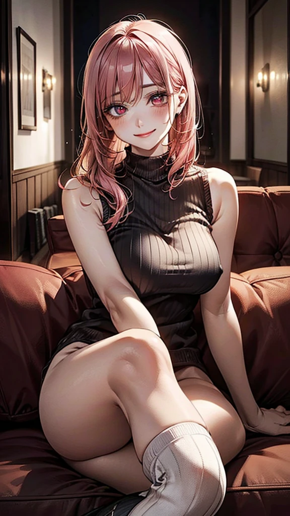 (masterpiece:1.2, Highest quality), (Realistic, photoRealistic:1.2), Beautiful illustrations, (Natural Side Lighting, Cinema Lighting), ,
View your viewers, 1 girl, Japanese, 2, Perfect Face, Cute and symmetrical face, Glowing Skin,
(Long Hair:1.5, Messy Hair:1.6, Pink Hair), Crossed bangs, Droopy eyes, Red eyes, Watery eye,Hold back the climax,Long eyelashes, (Large Breasts), thin,
Beautiful Hair, Beautiful Face, Beautiful attention to detail, Beautiful clavicle, Beautiful body, Beautiful breasts, Beautiful thighs, Beautiful feet, Beautiful fingers, Erect nipples,
((Sleeveless sweater, bottomless,Knee socks)), ),(Beautiful views), evening, (Living room minimalist),Watery eye,Ahegao, sofa, (smile),