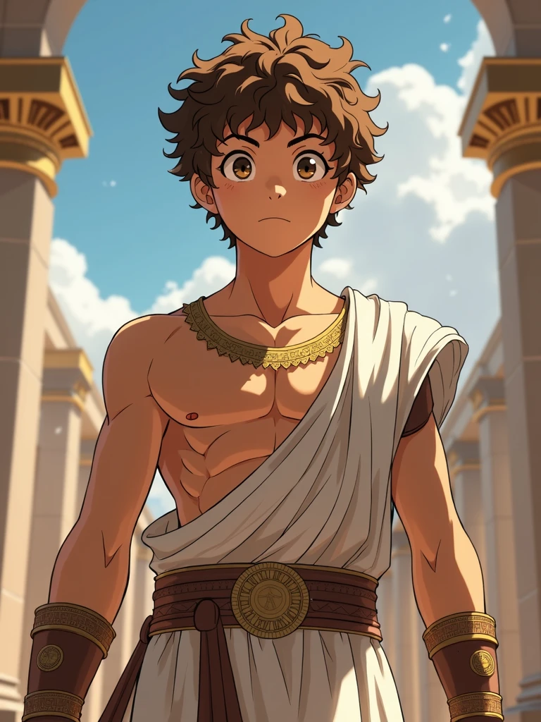 Katsuma is a boy with brown eyes, curly, light brown hair, and a small patch of freckles in the middle of his face. light brown hair, ancient greek clothes. shirtless guy, younger, slightly muscular athletic body. Olympus Champion. Midoriya Izuku's Little Brother