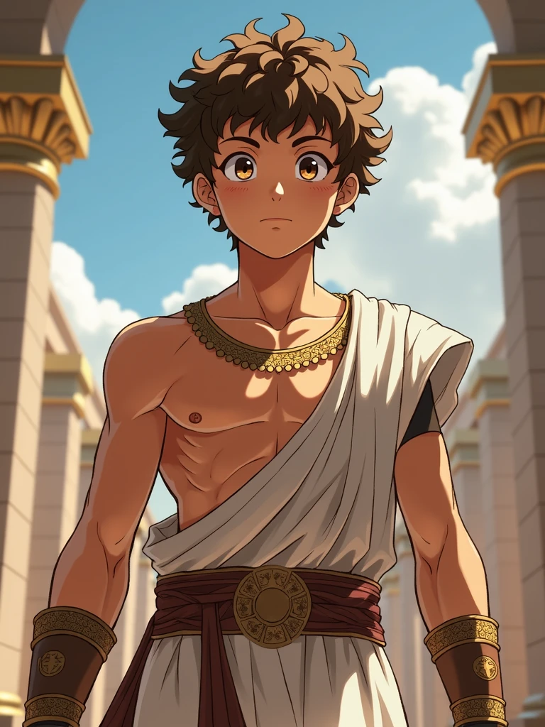Katsuma is a boy with brown eyes, curly, light brown hair, and a small patch of freckles in the middle of his face. light brown hair, ancient greek clothes. shirtless guy, younger, slightly muscular athletic body. Olympus Champion. Midoriya Izuku's Little Brother