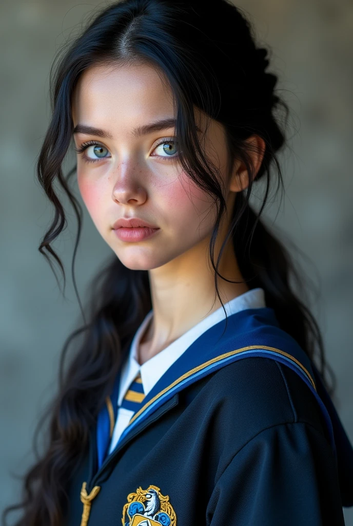 (photorealism:1.2) she has a rosy complexion, long black hair half tied, blue-gray eyes and she wears a Ravenclaw uniform
