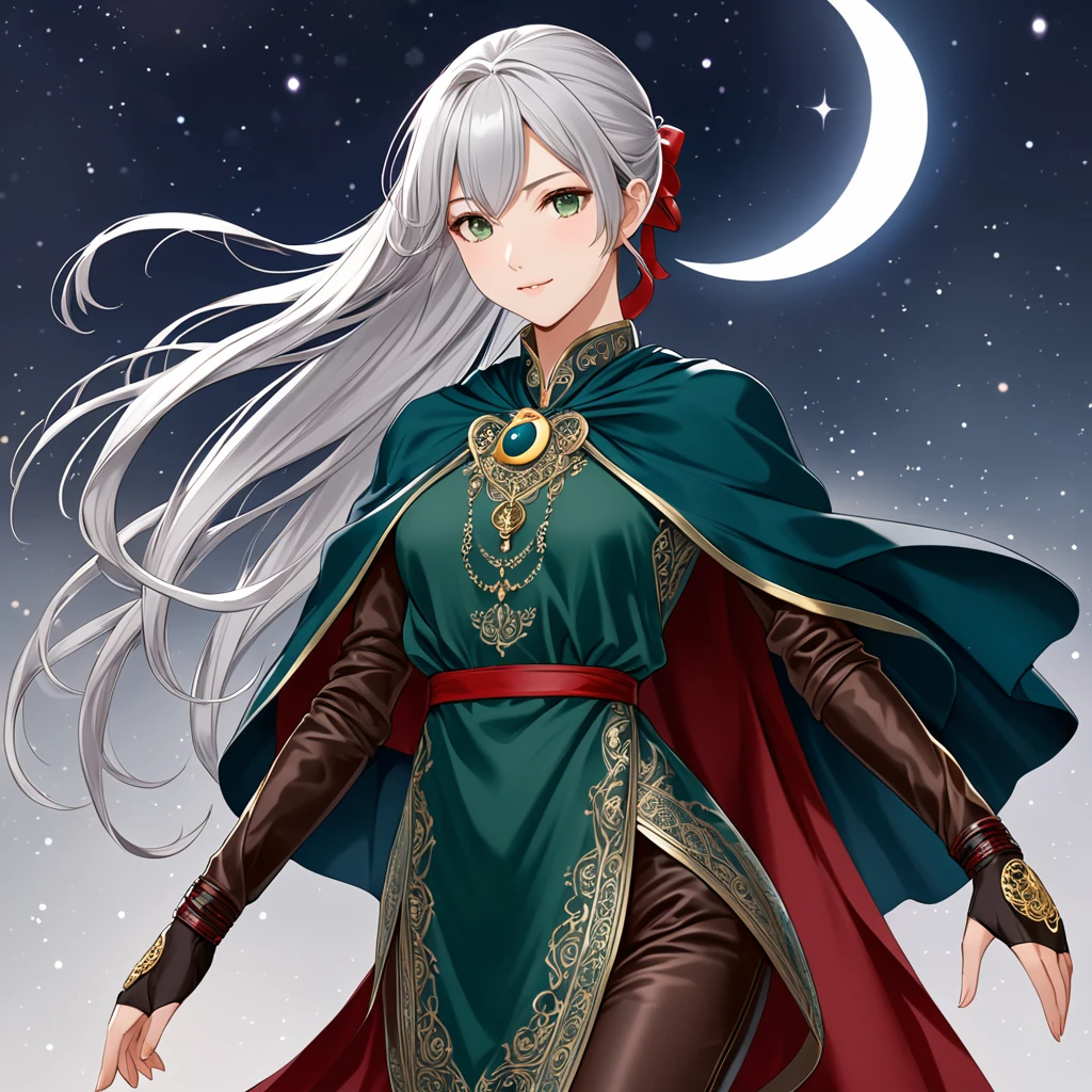 A slender, agile young woman with long, flowing silver hair tied into a high ponytail with a crimson ribbon, wearing a practical yet elegant outfit consisting of a fitted, dark green tunic adorned with intricate gold embroidery, paired with sturdy brown leather pants and knee-high boots, her forearms wrapped in protective leather bracers, and a flowing, deep blue cloak fastened with a silver brooch shaped like a crescent moon.